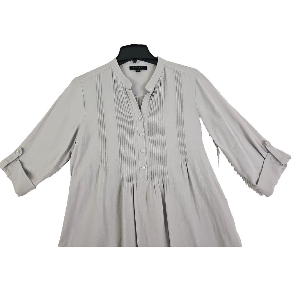 Tahari ~Woman Size S~ Gray Linen Blend Dress Pleated Coastal Roll-Up Sleeves. - Picture 9 of 15